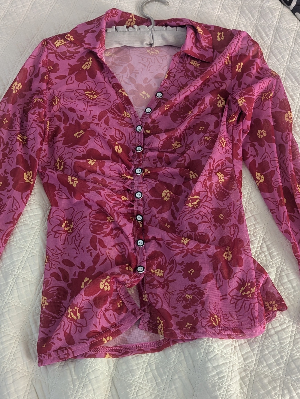 Source Unknown Pink Floral Ruched Button-Up Blouse